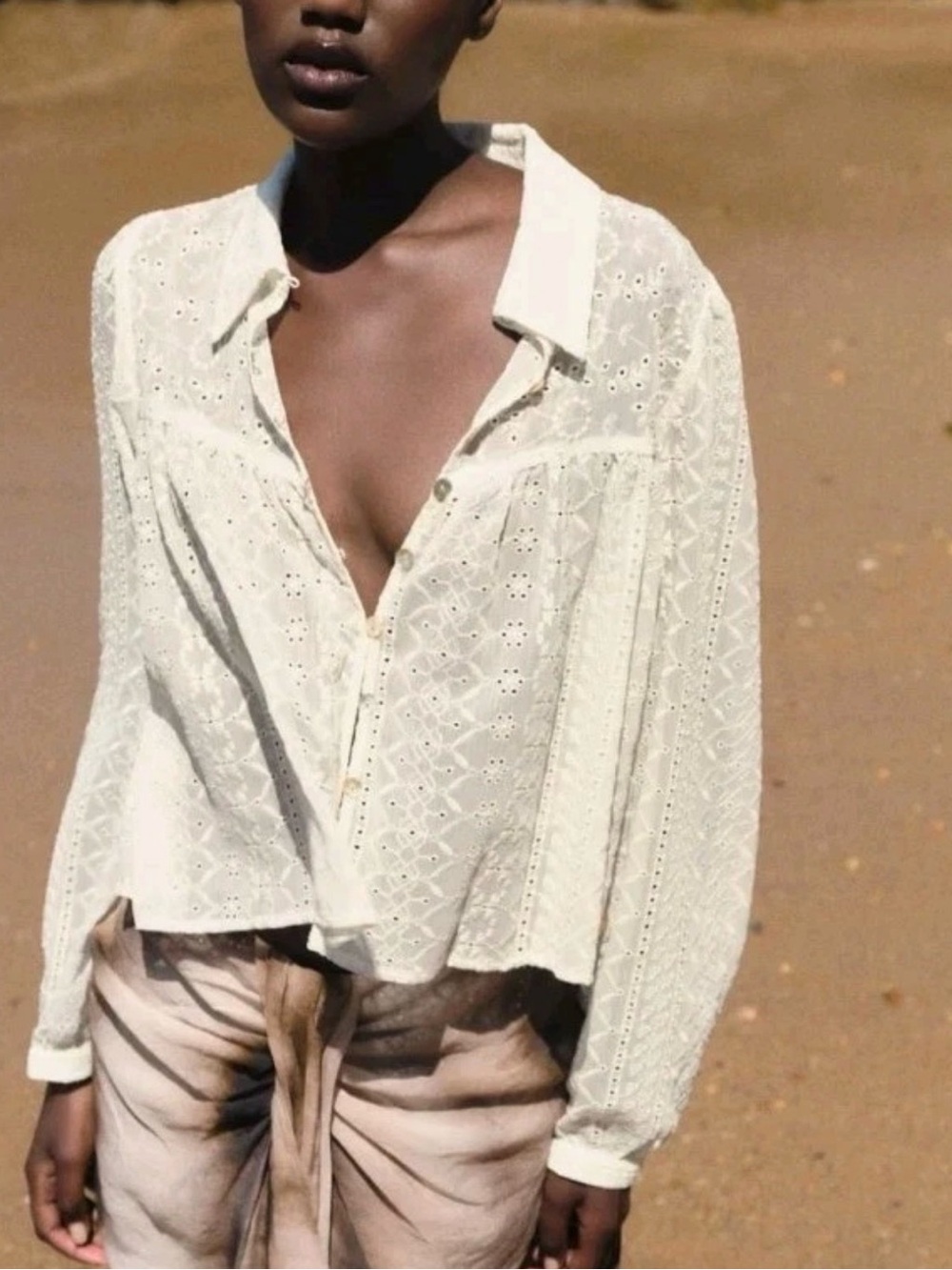 Zara Cream Eyelet Lace Button-Down Blouse NWOT